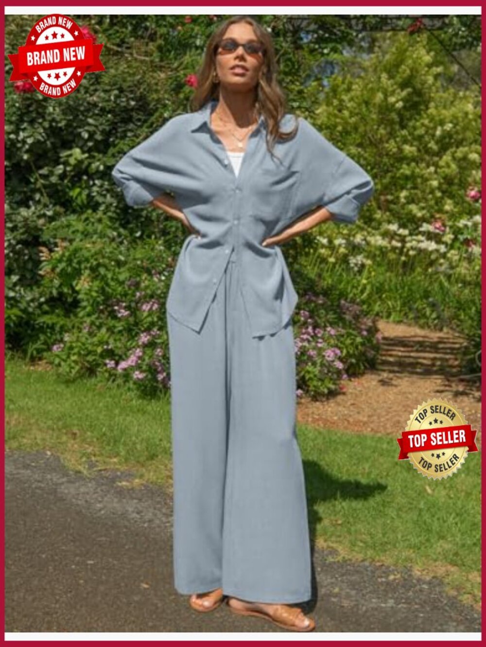 Linen 2 Piece Lounge Set Button Down Shirt Wide Leg Pants Vacation Outfit - Picture 4 of 7